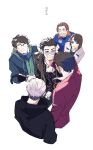  1girl 5boys :d ^_^ adachi_koichi beard black_hair black_jacket black_shirt blue_jacket cho_(chorion) closed_eyes closed_mouth facial_hair glasses green_hoodie han_joon-gi highres hood hood_down hoodie jacket jewelry kasuga_ichiban mukoda_saeko multiple_boys mustache nanba_yu necklace open_mouth red_jacket round_eyewear ryuu_ga_gotoku_(series) ryuu_ga_gotoku_7 shirt short_hair simple_background smile stubble sunglasses upper_body white_background white_hair white_jacket zhao_tianyou 