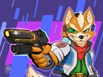  4:3 bandanna black_nose canid canine cheek_tuft clothing eyebrows facial_tuft fingers fox fox_mccloud fur gloves green_eyes gun handwear head_tuft hi_res holding_object holding_weapon inner_ear_fluff jacket kerchief mammal nintendo orange_body orange_fur ranged_weapon signature star_fox tan_body tan_fur tokugawo topwear tuft video_games weapon whiskers 