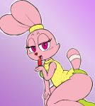:3 anthro cartoon_network chowder_(series) clothing domestic_cat felid feline felis female fernut food gradient_background hybrid kneeling lagomorph leporid looking_at_viewer mammal open_mouth open_smile panini_(chowder) panties popsicle rabbit simple_background smile solo thick_thighs underwear