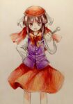  1girl brown_eyes brown_hair buttons colored_pencil_(medium) commentary_request cowboy_shot ex-rika flat_chest hand_on_own_hip hat holding holding_wrench kaigen_1025 long_sleeves medium_hair neck_ribbon open_mouth purple_vest red_headwear red_ribbon red_skirt ribbon rika_(touhou) shirt simple_background skirt smile solo touhou touhou_(pc-98) traditional_media vest white_background white_shirt wrench 