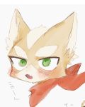  bandanna blush canid canine eyebrows fangs fox fox_mccloud fur green_eyes head_tuft inner_ear_fluff japanese_text kerchief male mammal nintendo open_mouth orange_body orange_fur oudonkonekone signature solo star_fox text tongue tuft video_games 