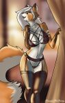 absurd_res anthro blonde_hair blue_eyes breasts camel_toe canid canine champagne_(jeremy_bernal) cleavage clothed clothing female flirting fox francisthefurry garter_belt garter_straps hair hi_res humanoid jewelry lace legwear lingerie mammal necklace platinum_blonde smile stockings