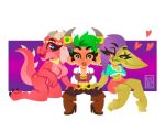 absurd_res clothed clothing ear_piercing ear_ring female fully_clothed gnome gnome_(warcraft) goblin green_body green_eyes green_hair green_skin group hair hi_res horn humanoid kesael kobold piercing pink_body purple_hair ring_piercing tail trio