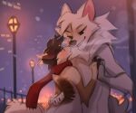 &lt;3 &lt;3_eyes 2023 anthro artist_name black_nose blush brown_body brown_fur canid canine digital_media_(artwork) duo eye_contact fur hand_holding hyilpi looking_at_another mammal outside red_scarf scarf street_lamp white_body white_fur