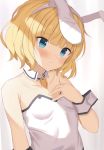  1girl bagns bangs bare_shoulders blonde_hair blue_eyes blush collarbone commentary_request detached_collar eyebrows_visible_through_hair frown gochuumon_wa_usagi_desu_ka? hand_on_own_chest hand_up highres kirima_sharo looking_at_viewer orange_neckwear playboy_bunny raru0310 short_hair solo wrist_cuffs 