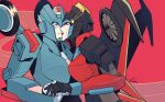  1girl android blue_eyes breasts brush_(brush2h) chromia colored_skin commission helmet highres holding_hands humanoid_robot kiss mechanical_wings medium_breasts red_lips robot robot_girl transformers windblade wings yama_(chroming) yuri 