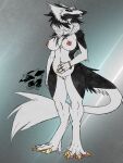 amara_(derpwolfy18971) breasts chest_tuft claws derpwolfy18971 ear_piercing female genitals gold_claws hi_res nipple_piercing nipples piercing pussy ring sergal solo tail tail_tuft tuft