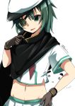  1girl 1other black_cape black_gloves blue_hair cape eyepatch gloves green_eyes green_hair hat highres kantai_collection kiso_(kantai_collection) looking_at_viewer maru-yu_(kantai_collection) midriff nassukun navel neckerchief red_neckwear remodel_(kantai_collection) sailor_hat school_uniform serafuku short_hair simple_background single_pauldron white_background 