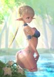  1girl arched_back armlet armor ass bangs bathing belly_chain bikini bikini_armor blonde_hair blue_bikini blue_eyes braid breasts chain collar day elf flower forest from_side hair_bun hand_on_own_chest highres hnml55 jewelry large_breasts light_rays lily_(flower) long_hair looking_away micro_bikini nature original outdoors pointy_ears pond ring solo swimsuit thigh_strap very_long_hair wading water 