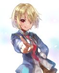  1girl :q blazer blonde_hair blue_jacket brown_skirt collared_shirt hair_ornament hair_over_one_eye hairclip hand_on_own_hip heaven_burns_red jacket kayamori_ruka long_sleeves looking_at_viewer necktie open_clothes open_jacket plaid plaid_skirt pointing pointing_at_viewer red_eyes red_necktie school_uniform shirt short_hair skirt solo starry_babe tongue tongue_out upper_body white_background white_shirt 