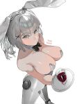  black_ribbon breasts character_name detached_collar from_above grey_eyes grey_hair grey_leotard hair_ornament highres joints large_breasts leotard mechanical_legs mechanical_parts neck_ribbon punishing:_gray_raven ribbon robot_joints rosetta_(punishing:_gray_raven) white_background x_hair_ornament yongsadragon 