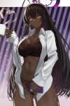  1girl absurdres black_bra black_hair black_panties blue_archive bra breasts coffee collared_shirt commentary_request cup dark-skinned_female dark_skin diagonal_stripes halo highres holding holding_cup karin_(blue_archive) large_breasts long_hair long_sleeves looking_at_viewer navel open_clothes open_shirt pannko6216 panties parted_lips purple_halo shirt smile solo standing steam striped striped_background thighs underwear yellow_eyes 