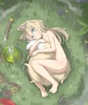  1girl absurdres animal_ear_fluff animal_ears bangs barefoot blonde_hair blue_eyes broken broken_sword broken_weapon closed_mouth collarbone commentary_request crying crying_with_eyes_open day eyebrows_visible_through_hair fox_ears fox_girl fox_tail hair_between_eyes highres hinbackc katana leg_hug long_hair lying nude on_grass on_side original outdoors solo sword tail tears weapon 