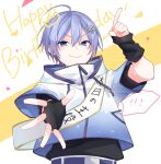  ! &gt;:) 1boy ahoge black_gloves black_shirt blue_eyes blue_hair closed_mouth copyright_request fingerless_gloves gloves hair_between_eyes hair_ornament happy_birthday highres jacket kuroi_(liar-player) male_focus sash shirt short_sleeves smile snowflake_hair_ornament solo spoken_exclamation_mark translation_request twitter_username two-tone_background upper_body v-shaped_eyebrows white_background white_jacket yellow_background 