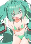  1girl absurdres aqua_eyes aqua_hair bikini blush breasts bright_pupils cleavage commentary_request from_above green_bikini hatsune_miku highres long_hair looking_at_viewer open_mouth simple_background small_breasts solo swimsuit thick_thighs thighs translation_request twintails uruti_2388 very_long_hair vocaloid white_background wide_hips 