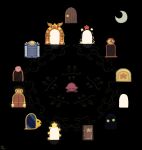  absurdres black_background chef_kawasaki clock closed_eyes colored_skin door highres kirby kirby_(series) mirra_(kirby) moon nidoo no_humans pink_skin simple_background solid_circle_eyes star_(symbol) suyasuyabi yume_nikki 