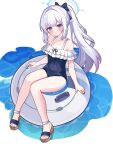  1girl bare_legs black_one-piece_swimsuit blue_archive blue_halo blush borii collarbone covered_navel frilled_one-piece_swimsuit frills grey_hair halo highres innertube long_hair looking_at_viewer miyako_(blue_archive) miyako_(swimsuit)_(blue_archive) off-shoulder_one-piece_swimsuit off_shoulder one-piece_swimsuit parted_lips ponytail purple_eyes sandals simple_background solo swimsuit toes white_background 
