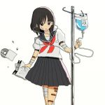  1girl :o bandage_on_face bandaged_arm bandaged_leg bandages bandaid bandaid_on_arm bandaid_on_leg black_hair black_sailor_collar black_skirt blush brown_eyes cd commentary_request dot_nose earbuds earphones expressionless holding intravenous_drip manmi musical_note neckerchief original pill red_neckwear sailor_collar school_uniform serafuku shirt short_hair short_sleeves simple_background skirt solo standing white_background white_shirt 