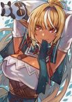  1girl arms_behind_head arms_up bangs blonde_hair blue_capelet breasts capelet cleavage closed_mouth dark_elf dark_skin detached_sleeves elf hair_intakes high_ponytail hololive kintsuba_(shiranui_flare) large_breasts long_hair long_sleeves mouth_hold multicolored_hair pointy_ears ponytail red_eyes rumie shiranui_flare smile solo streaked_hair two-tone_hair very_long_hair virtual_youtuber white_hair 