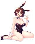  1girl animal_ears bare_legs black_bow black_bowtie black_footwear black_leotard bow bowtie brown_eyes brown_hair detached_collar full_body gogatsu_no_renkyuu high_heels highres leotard open_mouth original playboy_bunny rabbit_ears rabbit_tail short_hair simple_background sitting smile solo strapless strapless_leotard tail teeth upper_teeth_only wariza white_background wrist_cuffs 