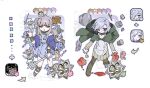 1boy 1girl androgynous black_eyes cape character_request dungeon_meshi full_body gapamopa highres mithrun one_eye_closed pointy_ears rock short_hair simple_background sword weapon white_background white_hair yellow_eyes 