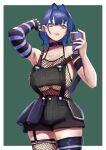  1girl absurdres armlet armpits asymmetrical_legwear bare_shoulders blue_eyes blue_hair border breasts chain choker cleavage ear_piercing earrings erasorpepero fishnets garter_straps green_background hair_intakes highres holding holding_phone hololive hololive_english huge_breasts jewelry lip_piercing looking_at_viewer ouro_kronii overalls phone piercing solo thighhighs underboob virtual_youtuber white_border 
