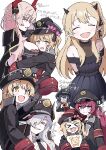  &gt;_&lt; 5girls absurdres arms_behind_back black_coat black_dress black_hair black_headwear black_horns black_necktie blonde_hair blue_archive blue_eyes blush bra breasts chiaki_(blue_archive) coat collared_shirt demon_horns dress fang grey_hair grin hair_over_one_eye hat hayashi_itsuki highres horns ibuki_(blue_archive) ibuki_(dress)_(blue_archive) iroha_(blue_archive) large_breasts long_hair makoto_(blue_archive) multiple_girls multiple_horns multiple_views necktie official_alternate_costume open_mouth pandemonium_society_(blue_archive) peaked_cap pointy_ears red_bra red_hair red_horns satsuki_(blue_archive) shirt side_ponytail simple_background sleeves_past_fingers sleeves_past_wrists smile teeth translation_request underwear upper_teeth_only white_background white_shirt yellow_eyes 