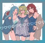  3girls ahoge amagi_rinne black_shorts blue_eyes blue_hair blue_jacket blue_shorts blue_tank_top breasts brown_cardigan cardigan character_name cleavage dppy_tmg dress ensemble_stars! genderswap genderswap_(mtf) green_eyes green_hair grey_dress grey_tank_top hand_on_own_hip highres jacket long_hair multicolored_clothes multicolored_dress multiple_girls pajamas purple_dress purple_eyes red_hair shinkai_kanata shorts tank_top tomoe_hiyori 