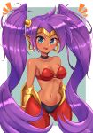  1girl bare_shoulders black_choker blue_eyes border breasts choker collarbone commentary_request earrings eyelashes grey_background groin highres hoop_earrings jewelry large_breasts long_hair navel notice_lines o-ring o-ring_top open_mouth outside_border pointy_ears purple_hair shantae shantae_(series) simple_background smile solo twintails twintails_day very_long_hair wakaba_(wata_ridley) white_border 