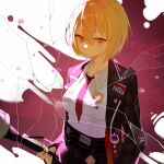  1girl blonde_hair breasts collared_shirt cowboy_shot don_quixote_(project_moon) highres limbus_company liyln02617464 looking_at_viewer medium_breasts necktie project_moon red_necktie shattered shirt short_hair solo suit white_shirt yellow_eyes 