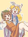  2girls :d animal_ears blonde_hair bloomers blue_tabard bow bowtie breasts brown_background brown_eyes brown_hair carrying cat_ears chen commentary_request double_v dress feet_out_of_frame fingernails flat_chest fox_tail green_headwear happy hat highres knees_together_feet_apart konna_reshiki long_sleeves looking_at_viewer mob_cap multiple_girls multiple_tails open_mouth outline princess_carry puffy_long_sleeves puffy_sleeves red_dress short_hair simple_background small_breasts smile tabard tail touhou v white_bow white_bowtie white_headwear white_outline wide_sleeves yakumo_ran yellow_eyes 