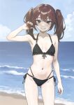  1girl beach bikini black_bikini blue_sky breasts brown_eyes brown_hair cloud day grin hair_between_eyes hair_ribbon hand_in_own_hair highres kantai_collection long_hair looking_at_viewer nito_(nshtntr) ocean outdoors ribbon ryuujou_(kancolle) side-tie_bikini_bottom skindentation sky small_breasts smile solo swimsuit twintails water white_ribbon 