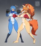 anthro avian big_breasts bird boxing boxing_gloves breasts canid canine ceroba_(undertale_yellow) clothing difman duo female fox handwear hi_res mammal martlet_(undertale_yellow) nipples nude punching_face sport undertale undertale_(series) undertale_yellow