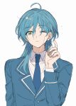  1boy ahoge blue_hair blue_jacket blue_necktie closed_mouth collared_shirt ensemble_stars! expressionless fua1heyvot4ifsr green_eyes grey_background highres jacket looking_at_viewer male_focus medium_hair necktie one_eye_closed school_uniform shinkai_kanata shirt simple_background solo white_shirt yumenosaki_school_uniform 