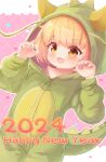  1girl 2024 absurdres animal_costume bemani brown_eyes butterfly_cat chrocatz claw_pose commentary_request cosplay cowboy_shot dragon_costume dutch_angle fang happy_new_year highres hina_(butterfly_cat) hood hood_up kigurumi looking_at_viewer new_year open_mouth orange_hair revision short_hair skin_fang solo sound_voltex 