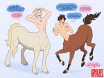 abs anime blonde_hair brown_body brown_fur brown_hair brush brushing brushing_hair butt centaur dialogue duo equid equid_taur equine equine_taur frankly-art fur great_pretender hair hooves humanoid humanoid_taur laurent_thierry_(great_pretender) looking_back_at_self makoto_edamura_(great_pretender) male male/male mammal mammal_taur midriff navel nipples nude ogling pecs personal_grooming styling_hair surprise_transformation tail taur transformation waist yellow_body yellow_fur
