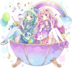  2girls absurdres animal_ears animal_hat arrow_(projectile) arrow_through_heart balloon bandaid blue_hair blue_hoodie blue_legwear braid candy candy_hair_ornament candy_wrapper chewing_gum cloud commentary double_scoop fake_animal_ears food food_themed_hair_ornament frilled_pillow frills fruit glasses green_eyes green_hair green_headwear hair_ornament hat heart heart-shaped_eyewear heart_hair_ornament highres holding holding_food hood hood_down hoodie ice_cream ice_cream_cone jacket knees_up lollipop long_hair multicolored_hair multiple_girls original pillow pink_hair pink_skirt pleated_skirt purple_eyes purple_footwear purple_jacket rainbow shirt shoes skirt star_(symbol) strawberry streaked_hair striped striped_legwear stuffed_animal stuffed_giraffe stuffed_toy stuffed_unicorn swirl_lollipop symbol_commentary teruterubouzu thighhighs tsukiyo_(skymint) twin_braids twintails very_long_hair white_background white_footwear white_legwear white_shirt 