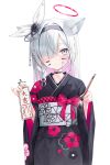  1girl animal_ear_fluff animal_ears black_choker black_hairband black_kimono blue_archive blush braid calligraphy_brush choker closed_mouth colored_inner_hair fingernails grey_eyes grey_hair hair_over_one_eye hairband halo highres holding holding_brush japanese_clothes kimono long_hair long_sleeves multicolored_hair obi omikuji paintbrush pink_hair plana_(blue_archive) rangtori red_halo sash simple_background single_braid smile solo white_background wide_sleeves 