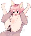  1boy 1girl animal_ears bar_censor barefoot blush censored completely_nude cum ejaculation green_eyes legs_up nakajima_lupus navel nipples nude open_mouth original penis pink_hair pussy rabbit_ears rabbit_girl restrained sex short_hair simple_background soles solo_focus spread_legs vaginal white_background 