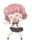  1girl black_skirt brown_footwear chibi closed_eyes collared_shirt fate/kaleid_liner_prisma_illya fate_(series) flat_chest full_body homurahara_academy_school_uniform kneehighs miniskirt moriyama_nanaki official_art open_mouth pink_hair pleated_skirt puffy_short_sleeves puffy_sleeves sailor_collar school_uniform shirt short_sleeves short_twintails simple_background skirt smile socks solo standing twintails white_background white_shirt white_socks 