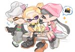  +++ 1boy 2girls beanie black_footwear black_hair blonde_hair blush bow-shaped_hair box callie_(splatoon) chopsticks closed_eyes earrings fang food food_in_mouth hat hoop_earrings inkling_boy inkling_player_character jacket japanese_clothes jewelry kimono long_hair marie_(splatoon) mole mole_under_eye multiple_girls open_clothes open_jacket open_mouth pink_headwear pink_jacket pointy_ears purple_eyes sandals shoes short_hair simple_background sitting smile sparkle speech_bubble spl8ya splatoon_(series) splatoon_1 star-shaped_pupils star_(symbol) sweat symbol-shaped_pupils teeth tentacle_hair unworn_footwear v white_background white_hair yellow_eyes yellow_jacket yellow_pupils 