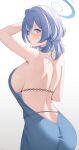  1girl absurdres ako_(blue_archive) ako_(dress)_(blue_archive) ass backless_dress backless_outfit black_hairband blue_archive blue_eyes blue_hair blue_halo blush breasts commentary doraski dress from_behind gradient_background hair_between_eyes hairband halo highres large_breasts long_hair looking_at_viewer looking_back official_alternate_costume open_mouth sideboob signature sleeveless sleeveless_dress solo 