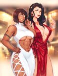  2girls abs asami_sato avatar_legends black_hair blue_eyes breasts brown_hair champagne_flute cleavage clothing_cutout cup dark-skinned_female dark_skin dress drinking_glass green_eyes hand_on_own_hip iahfy jewelry korra long_hair multiple_girls muscular muscular_female necklace no_bra red_dress short_hair stomach_cutout the_legend_of_korra underboob white_dress 