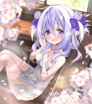  1girl :d absurdres amamiya_shizuku_(hizuki_yayoi) bath blue_bow blue_eyes blue_hair blurry blurry_foreground blush bow breasts collarbone commentary_request depth_of_field double_bun feet_out_of_frame flower groin hair_between_eyes hair_bow hair_bun hands_up highres hizuki_yayoi knees_together_feet_apart long_hair looking_at_viewer medium_breasts naked_towel original partially_submerged petals smile solo towel two_side_up wavy_mouth white_flower 