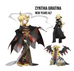  1girl absurdres alternate_costume alternate_hairstyle blonde_hair bridal_gauntlets character_name cynthia_(pokemon) dragon english_text full_body fur_trim giratina giratina_(altered) grey_eyes hair_over_one_eye highres japanese_clothes kimono kiseru long_hair looking_at_viewer official_art_inset okobo pantyhose pokemon pokemon_(creature) reference_inset rhymewithray sandals sash smoke smoke_trail smoking_pipe standing white_background wide_sleeves wings 