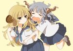  2girls blonde_hair blue_neckwear blue_sailor_collar blue_skirt blush brown_eyes brown_footwear character_request commentary_request copyright_request dot_nose frown grey_hair horns loafers long_hair manmi multiple_girls neckerchief open_mouth pleated_skirt sailor_collar school_uniform serafuku sheep_horns shirt shoes short_sleeves simple_background skirt socks white_legwear white_shirt yawning yellow_background 