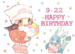  1girl beanie blue_eyes blue_flower blue_ribbon blush_stickers boots bouquet bright_pupils chibi coat commentary confetti dated dawn_(pokemon) flower full_body gift glaceon happy_birthday hat holding holding_bouquet kneehighs looking_at_viewer looking_down mgomurainu open_mouth pink_flower pink_footwear pokemon pokemon_(creature) pokemon_dppt pokemon_platinum red_coat ribbon scarf smile socks standing white_background white_headwear white_scarf white_socks yellow_flower 