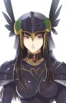  1girl armor black_armor black_hair breastplate closed_mouth feathers helmet highres hrist_valkyrie lips long_hair murata_tefu shoulder_armor simple_background solo valkyrie valkyrie_profile_(series) white_background winged_helmet 