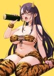  1girl absurdres bare_shoulders breasts cleavage food highres holding holding_food horns large_breasts long_hair marumai navel oni open_mouth original purple_eyes purple_hair saliva saliva_drip setsubun simple_background sitting solo stomach thighhighs thighs underboob wariza yellow_background 