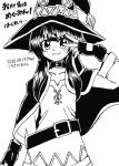  1girl belt cape choker collarbone dated dress fingerless_gloves gloves hat kono_subarashii_sekai_ni_shukufuku_wo! looking_at_viewer megumin monochrome sidelocks sketch smile solo standing tsuchiki_mitose v witch_hat 